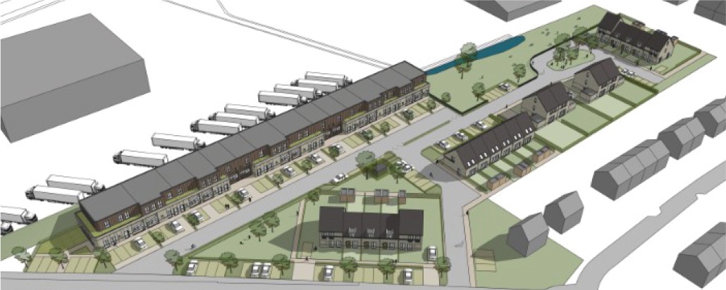 Vogelvluchtimpressie van het nieuwbouwproject Blommenhof in Est met woningen en bedrijfsunits